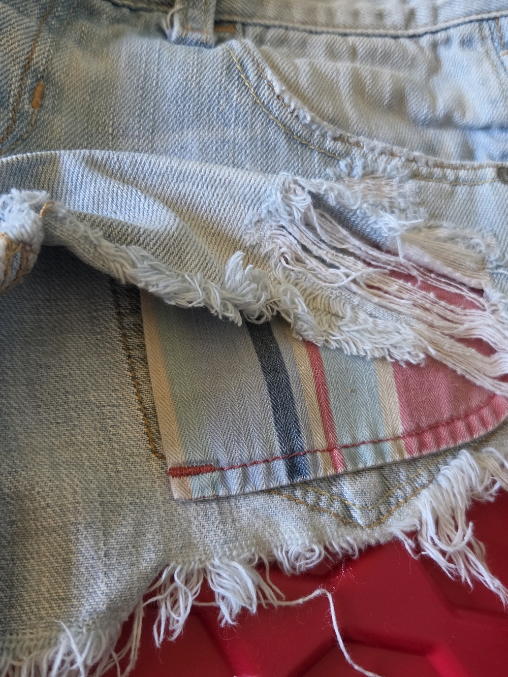 Hollister Light Blue Distressed Denim Jean Shorts with Striped Pocket Lining - Picture 2 of 5